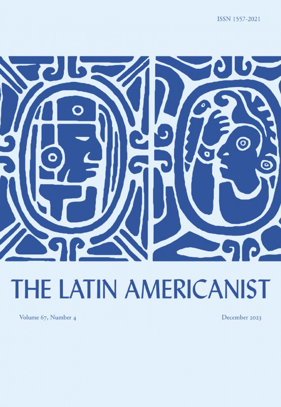 A depiction of the Latin Americanist's cover with the December 2023 issue. The top and bottom of the cover are a lighter, sky blue whereas the middle is a Latin American art piece in darker blue.